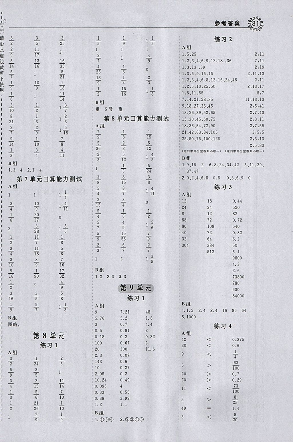 2018年星级口算天天练五年级数学下册人教版 参考答案第9页