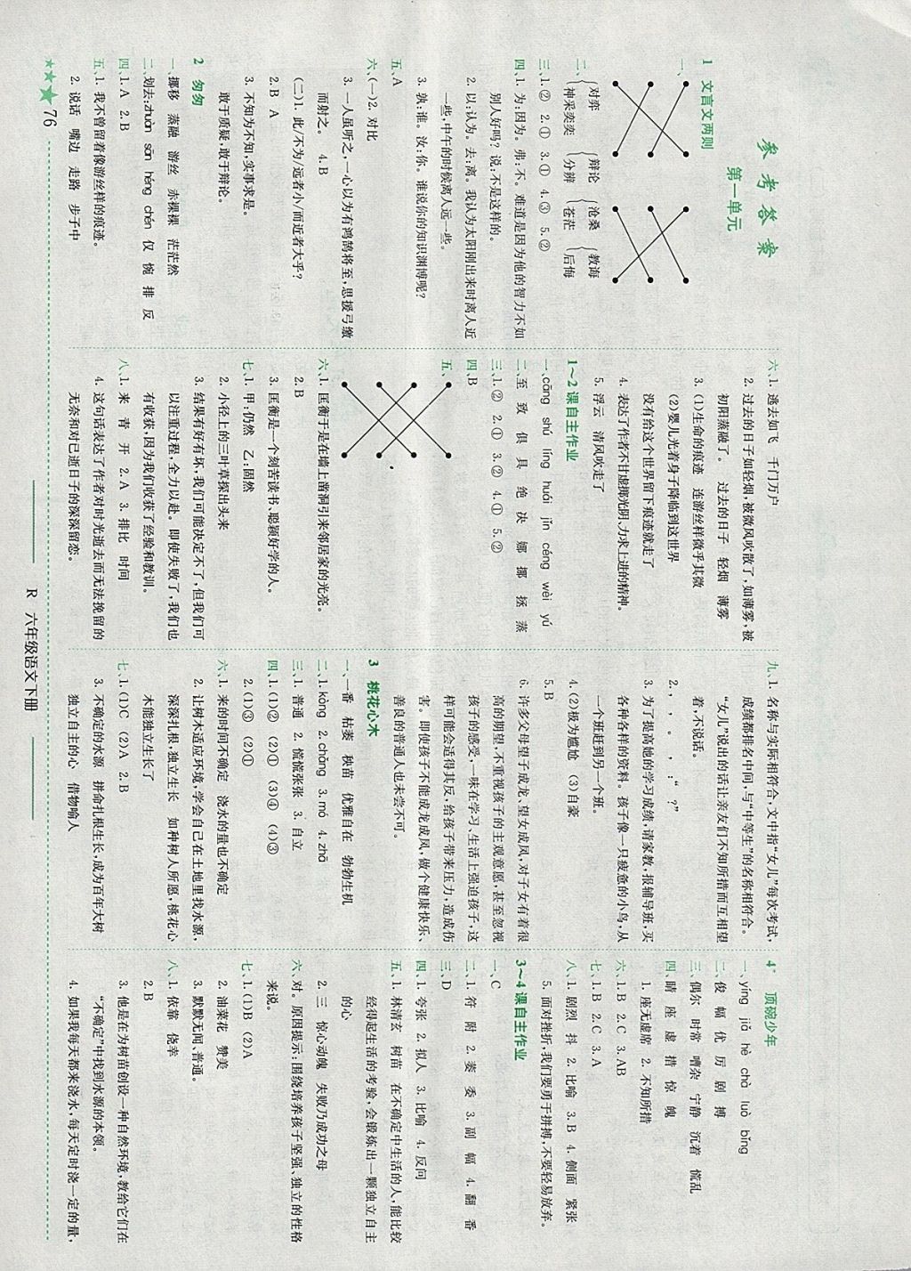 2018年黄冈小状元作业本六年级语文下册人教版河南专版 参考答案第1页