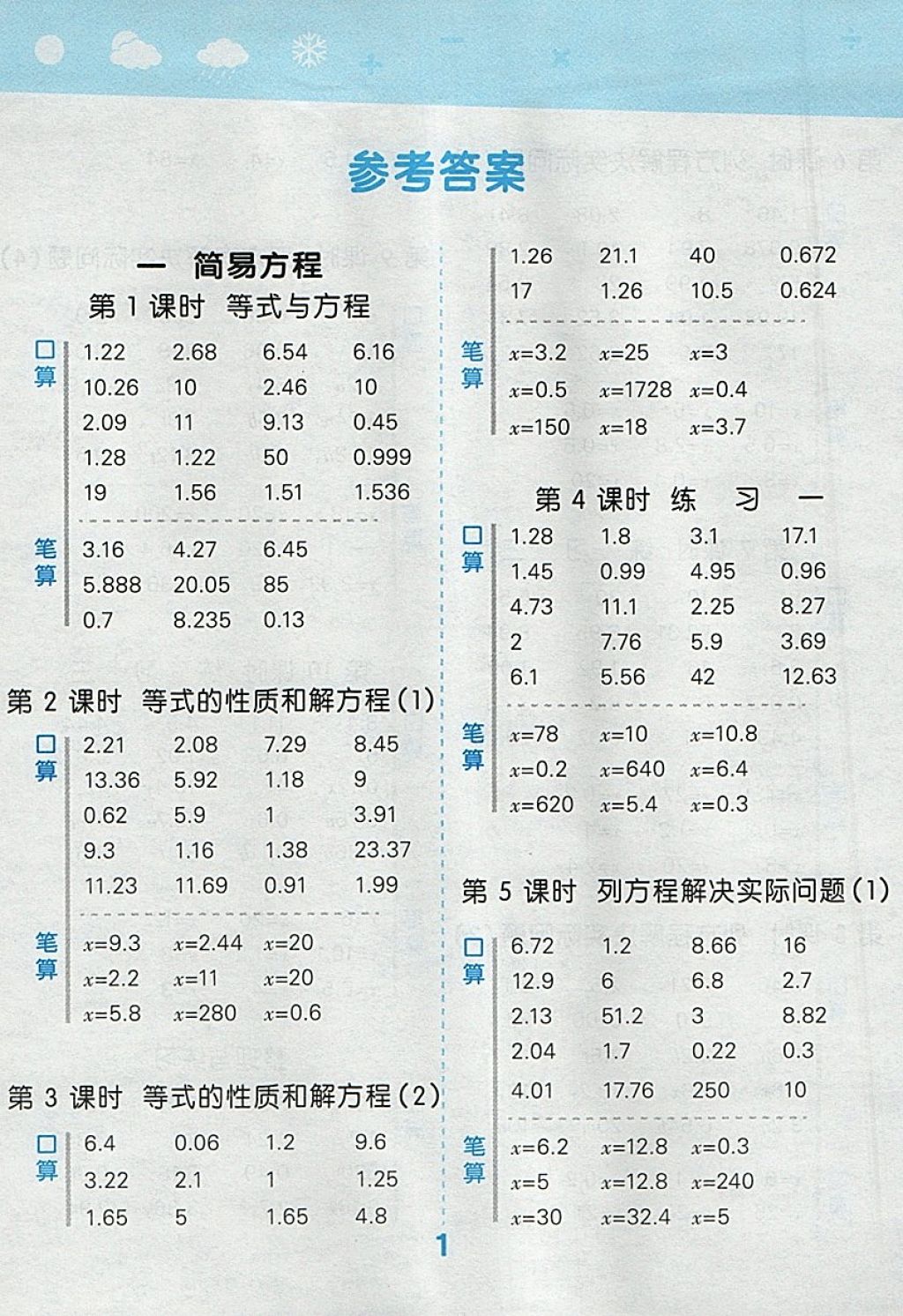 2018年小学口算大通关五年级数学下册苏教版 参考答案第1页