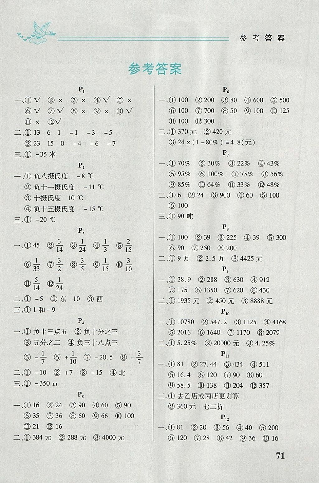 2018年名师选优口算题卡六年级下册人教版 参考答案第1页