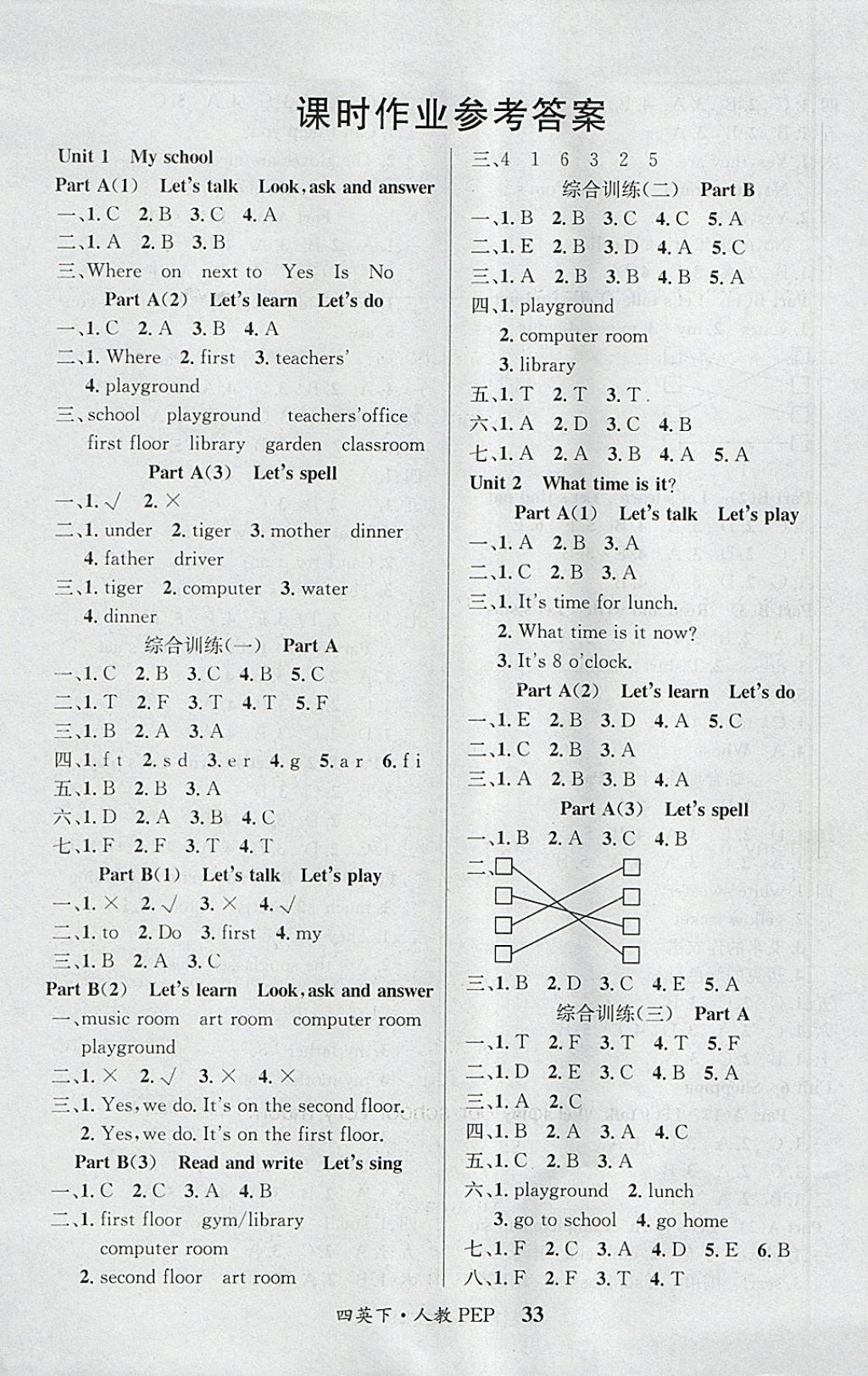 2018年課內(nèi)課外四年級英語下冊人教PEP版 參考答案第1頁