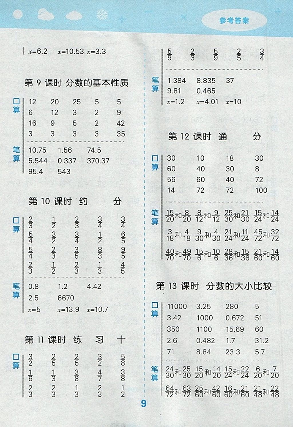 2018年小学口算大通关五年级数学下册苏教版 参考答案第9页