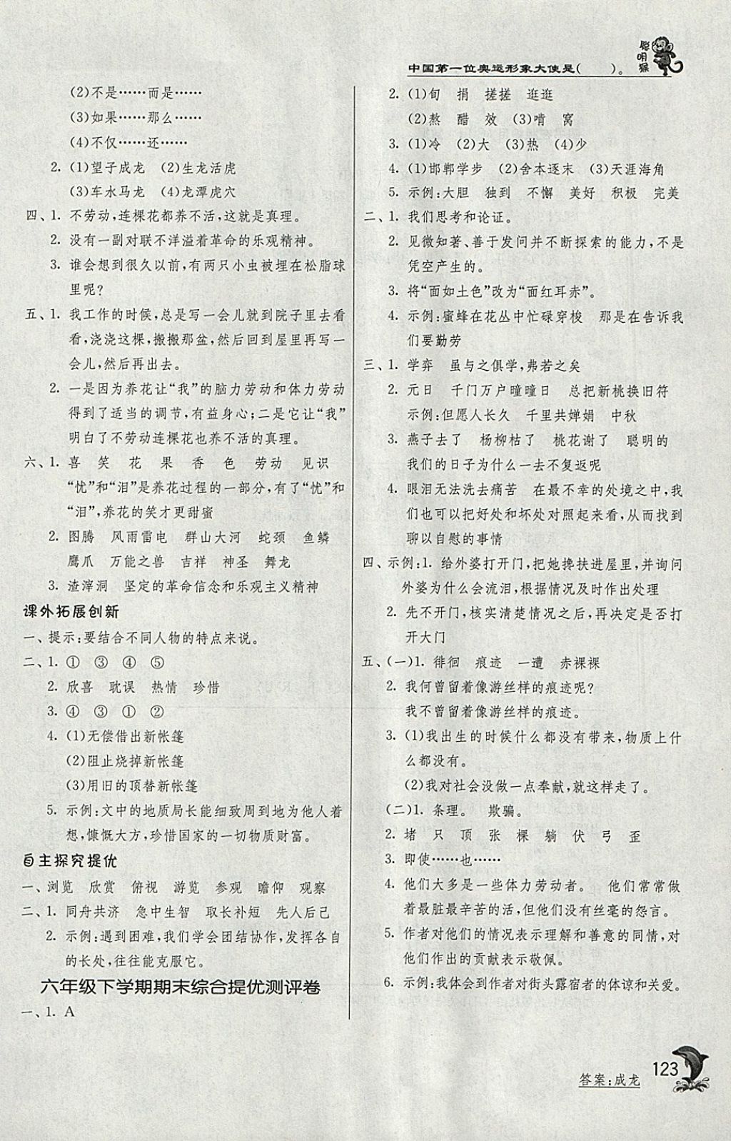 2018年实验班提优训练六年级语文下册人教版 参考答案第16页