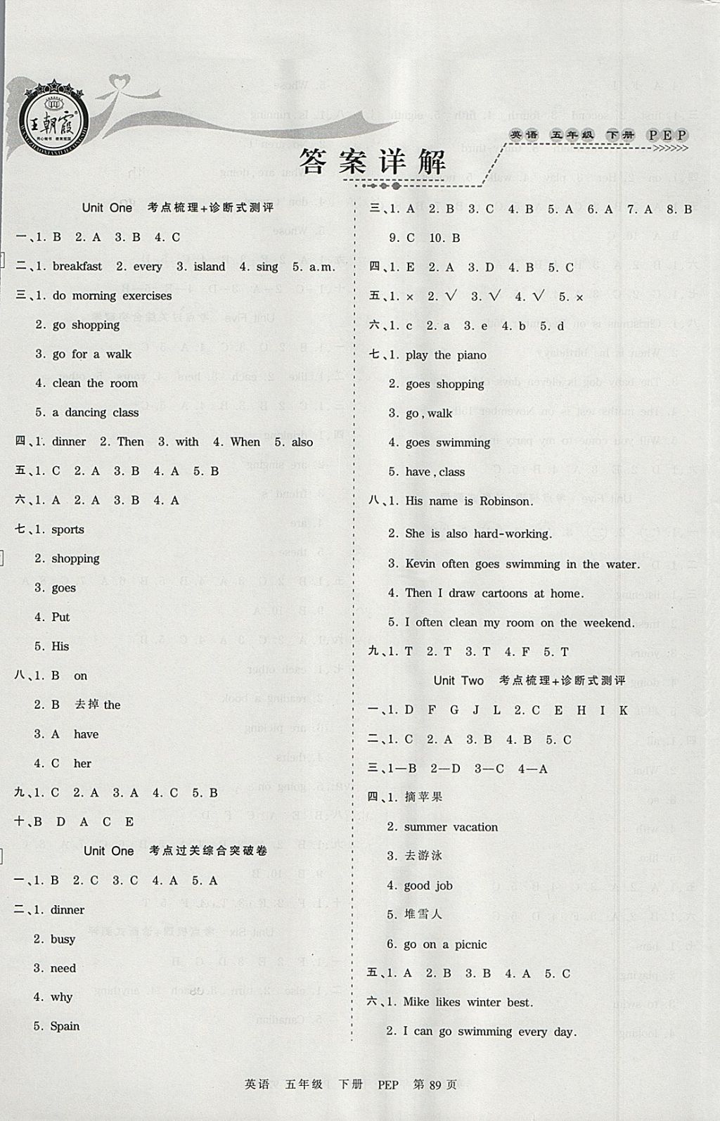 2018年王朝霞考點(diǎn)梳理時(shí)習(xí)卷五年級(jí)英語下冊(cè)人教PEP版 參考答案第1頁(yè)