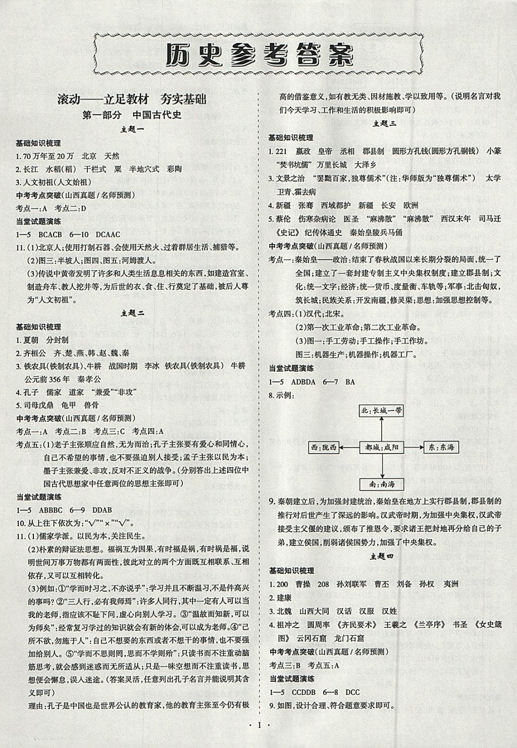 2018年山西中考滾動遷移中考總復習歷史 參考答案第1頁