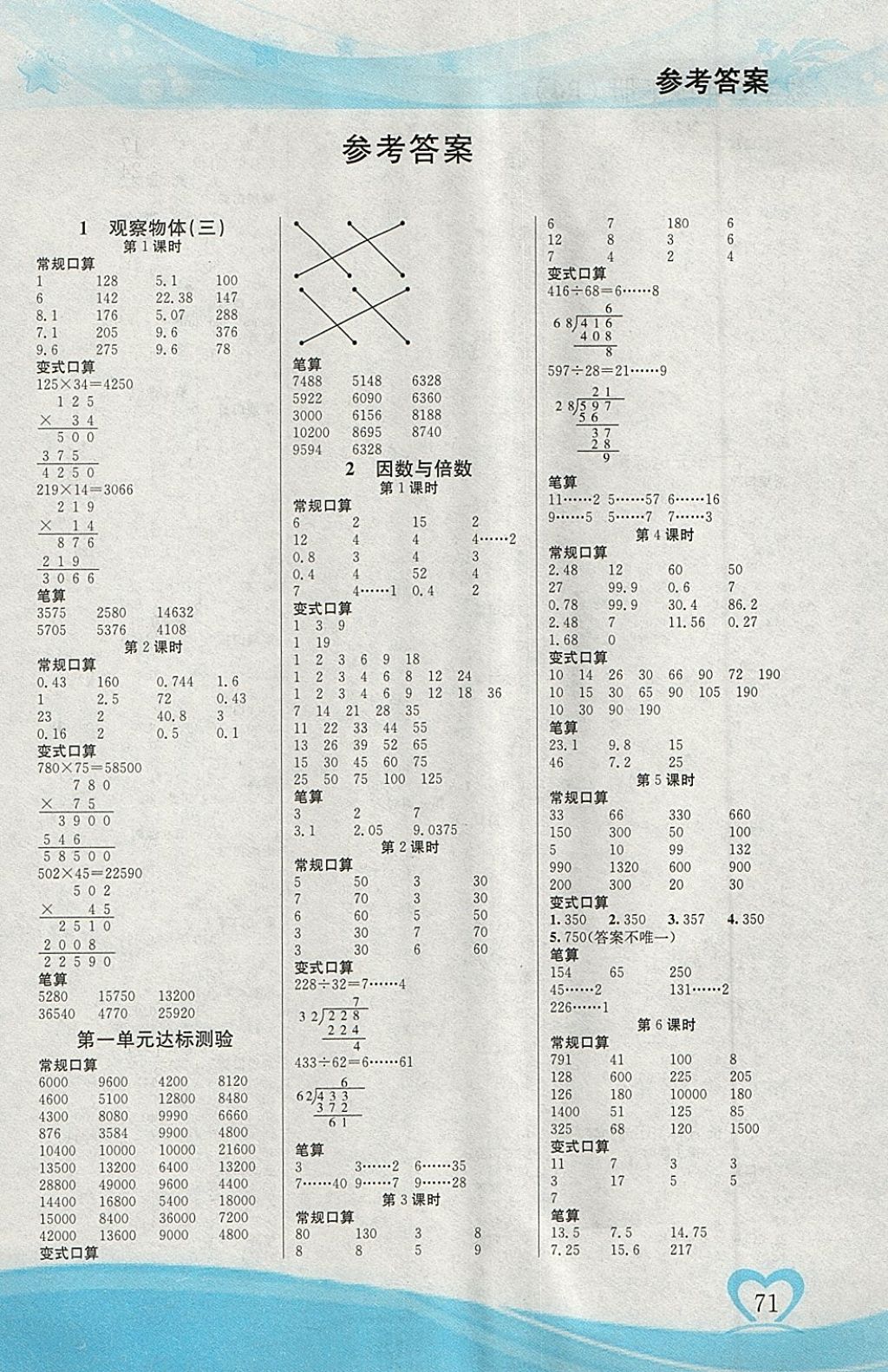 2018年口算隨堂練五年級數(shù)學下冊人教版 參考答案第1頁