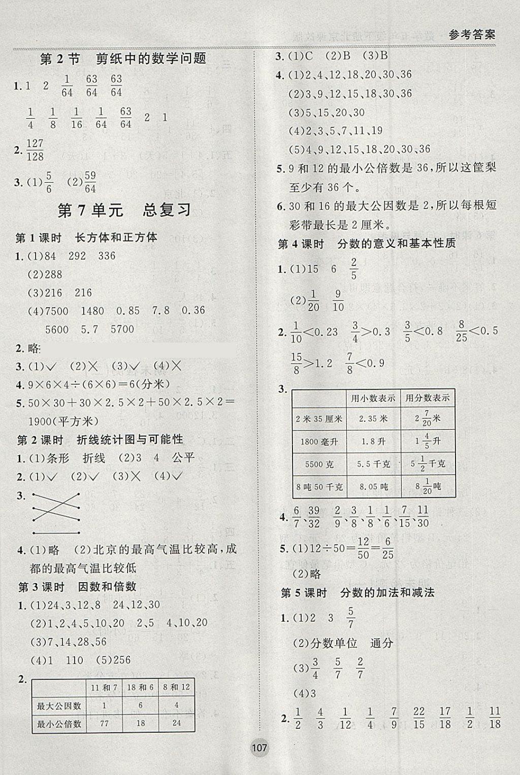 2018年名师作业五年级数学下册北京课改版 参考答案第15页