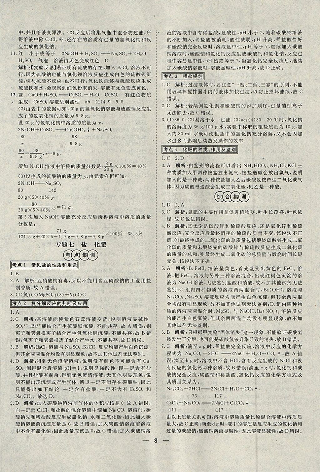 2018年中考試題專題訓(xùn)練化學(xué) 參考答案第8頁