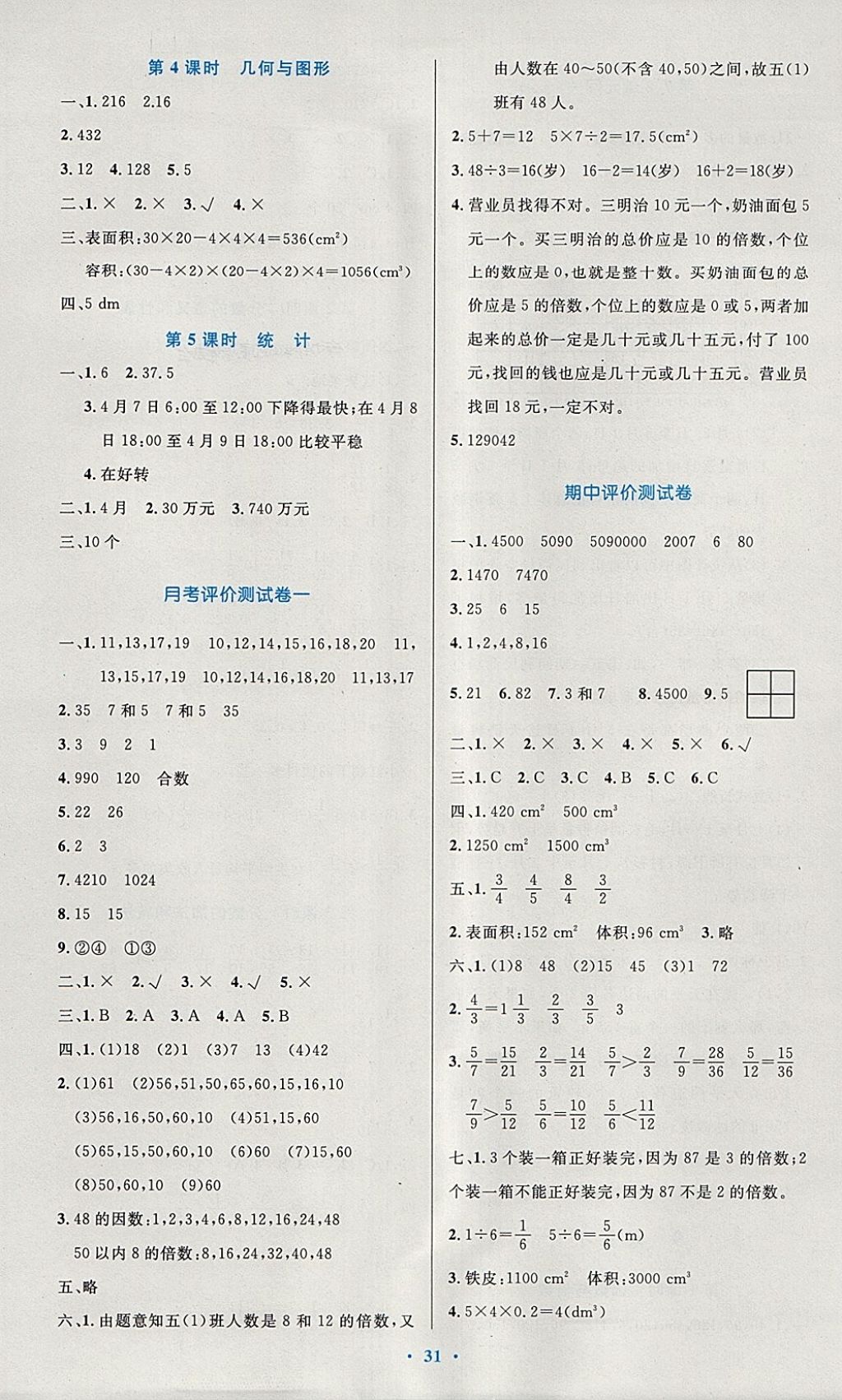 2018年小学同步测控优化设计五年级数学下册人教版 参考答案第11页