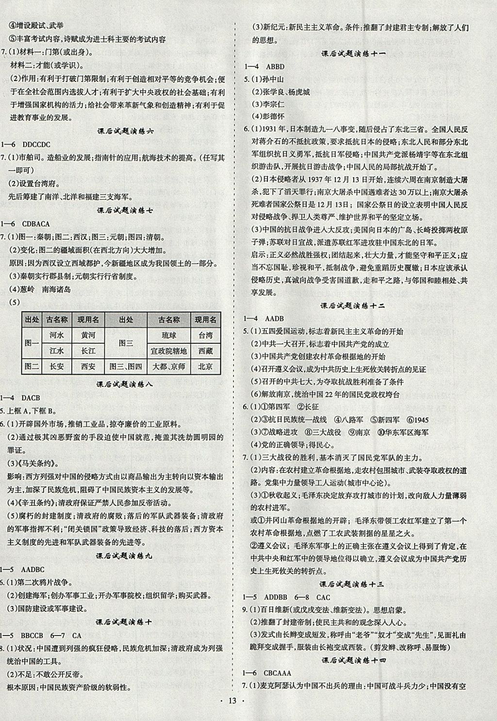 2018年山西中考滚动迁移中考总复习历史 参考答案第13页