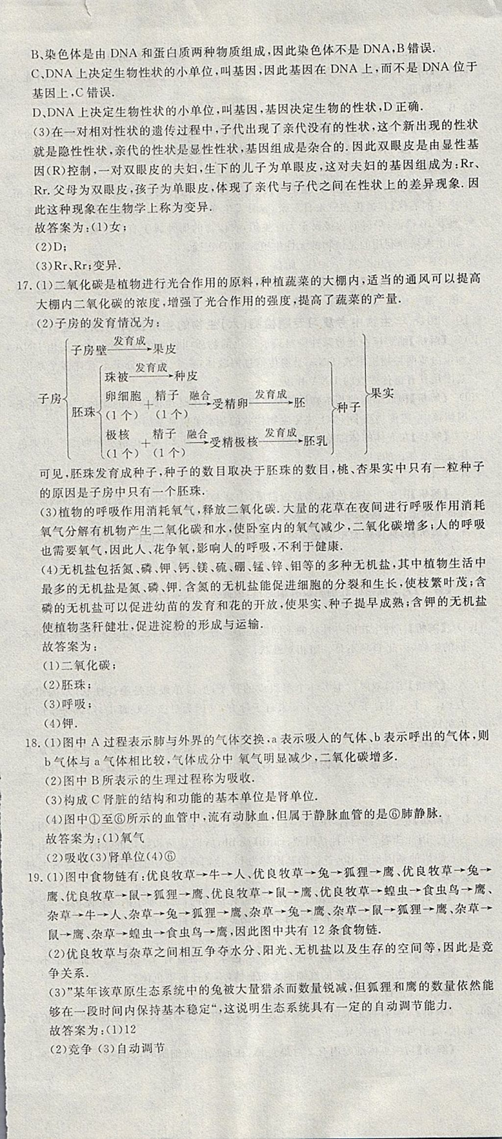 2018年河北中考必备中考第一卷巨匠金卷生物 参考答案第12页