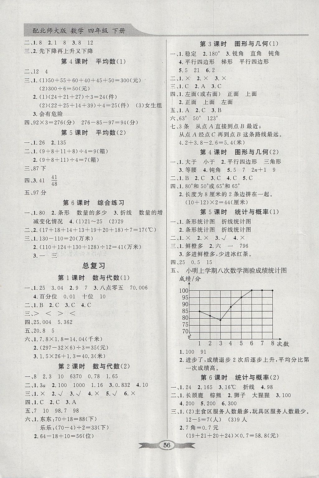 2018年同步导学与优化训练四年级数学下册北师大版 参考答案第6页