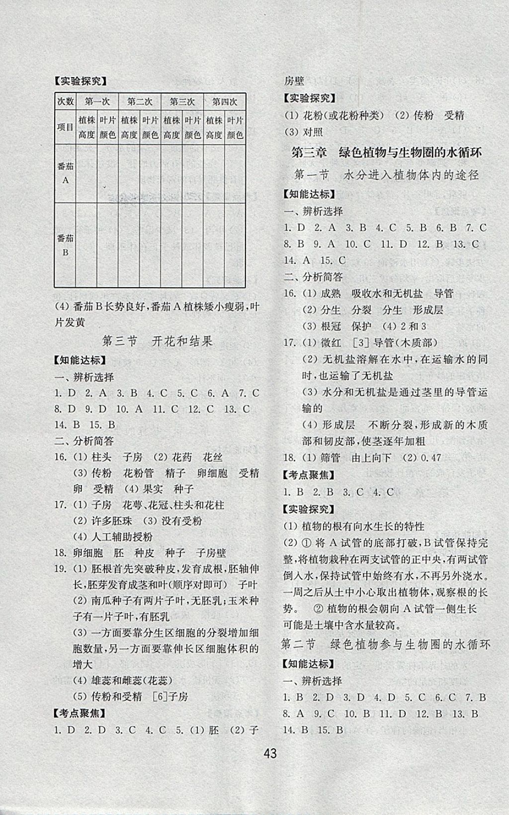 2018年初中基础训练六年级生物学下册五四制山东教育出版社 参考答案第3页