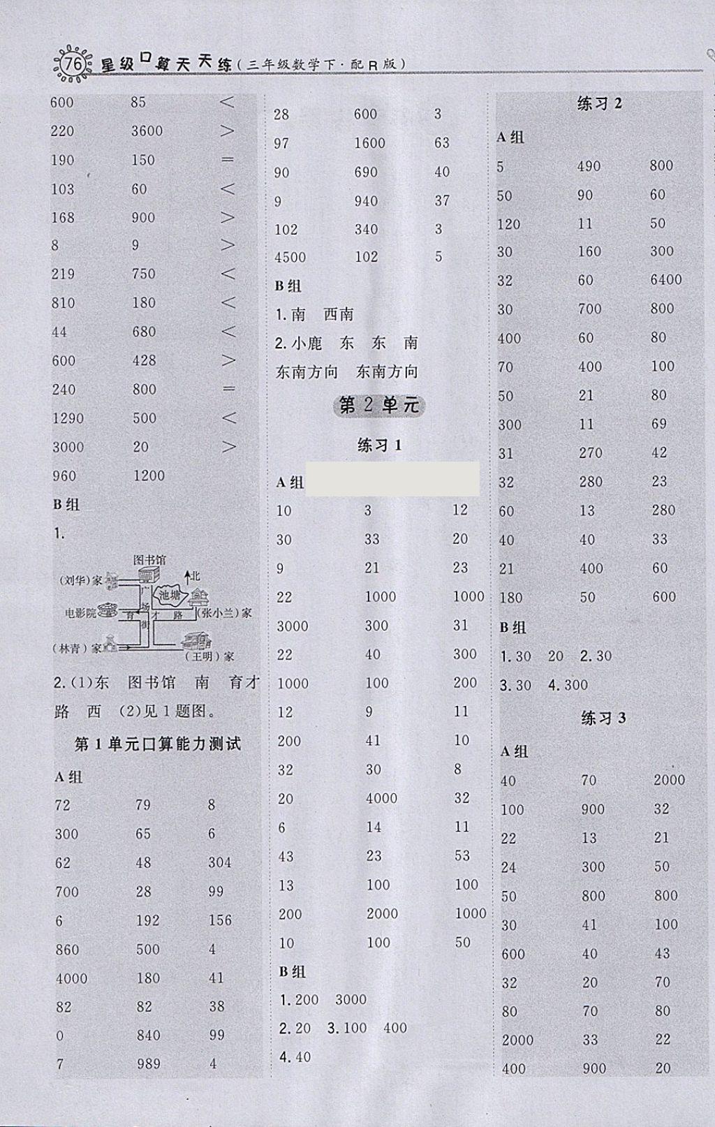 2018年星级口算天天练三年级数学下册人教版 参考答案第2页