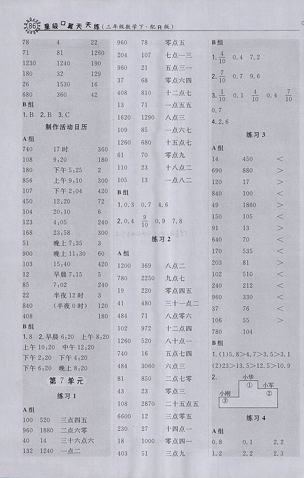 2018年星级口算天天练三年级数学下册人教版 参考答案第12页