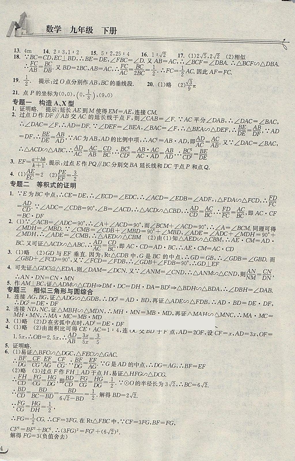 2018年长江作业本同步练习册九年级数学下册人教版 第4页