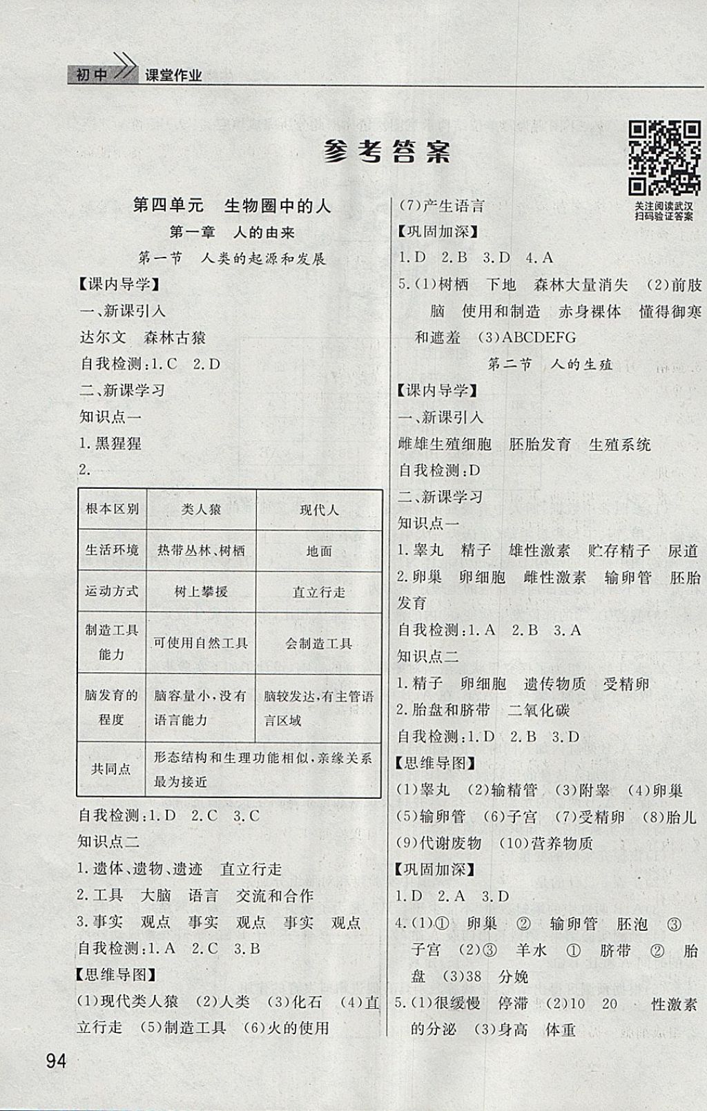 2018年长江作业本课堂作业七年级生物下册 第1页