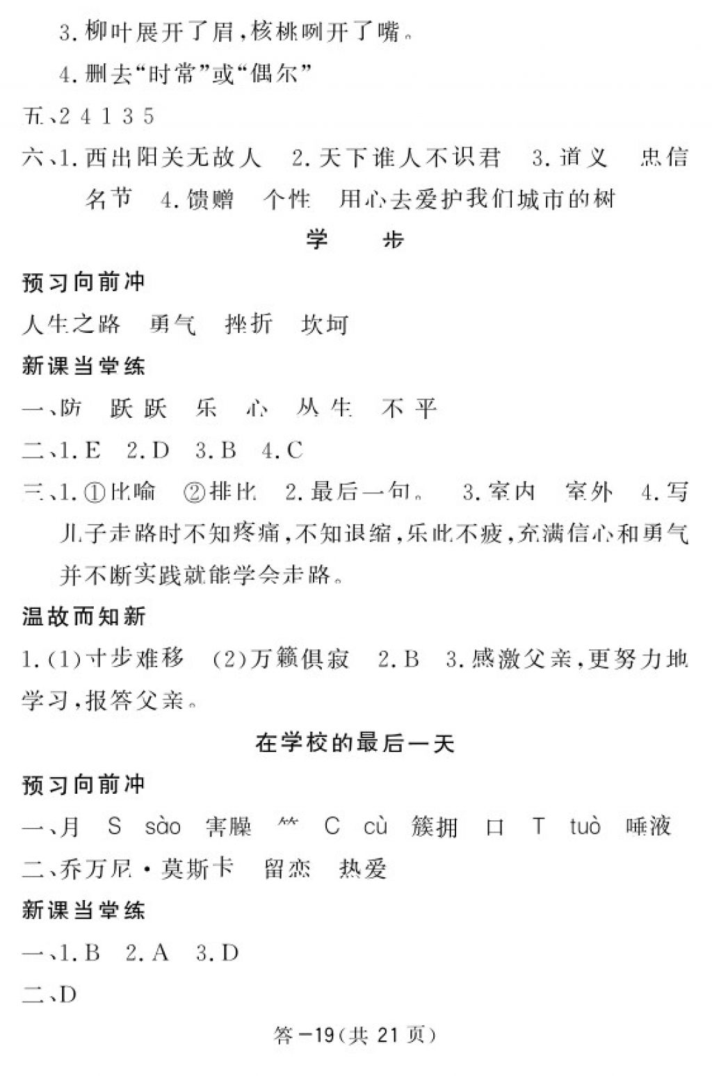 2018年语文作业本六年级下册北师大版江西教育出版社 参考答案第19页