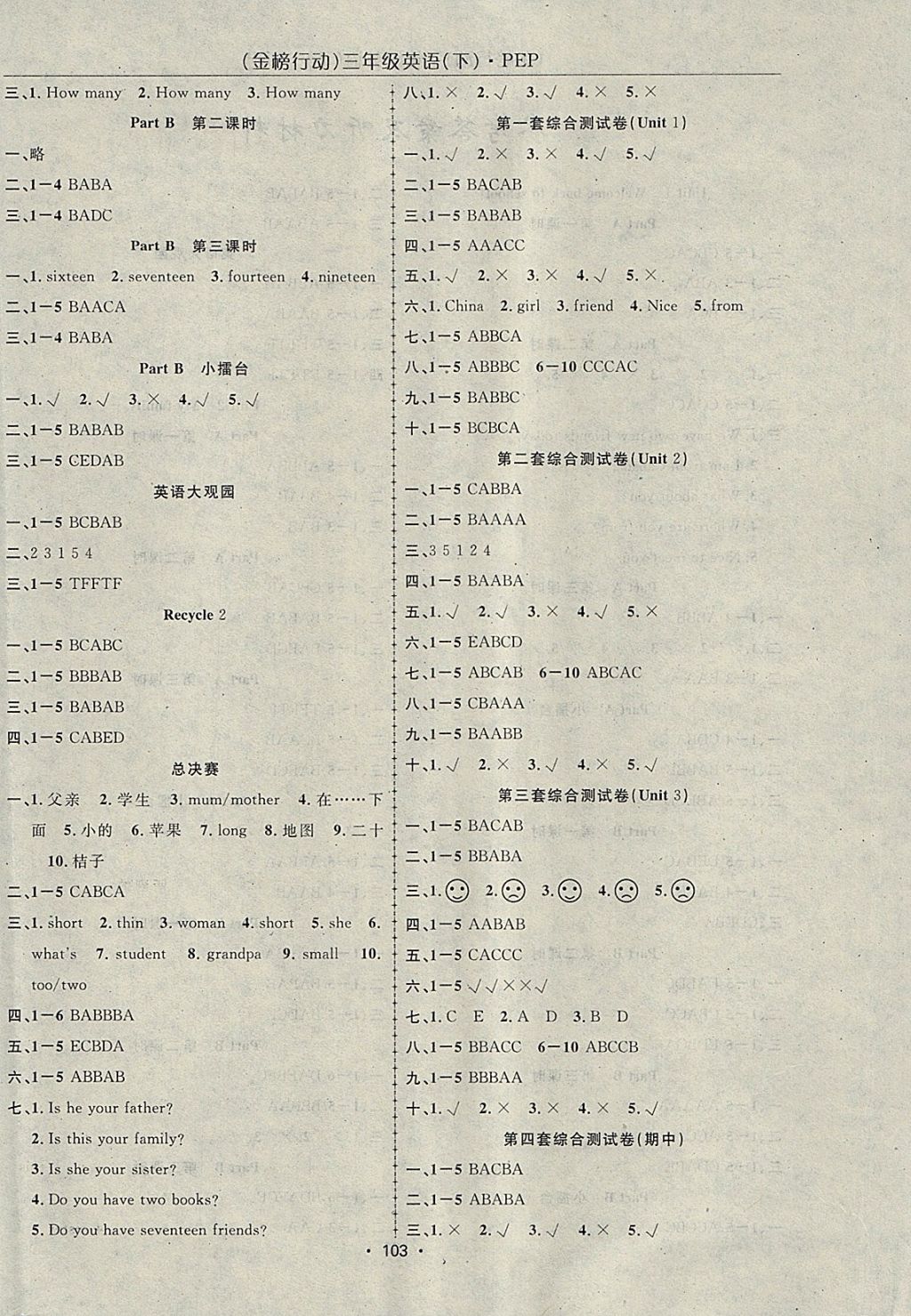 2018年金榜行動(dòng)高效課堂助教型教輔三年級(jí)英語(yǔ)下冊(cè)人教PEP版 參考答案第4頁(yè)