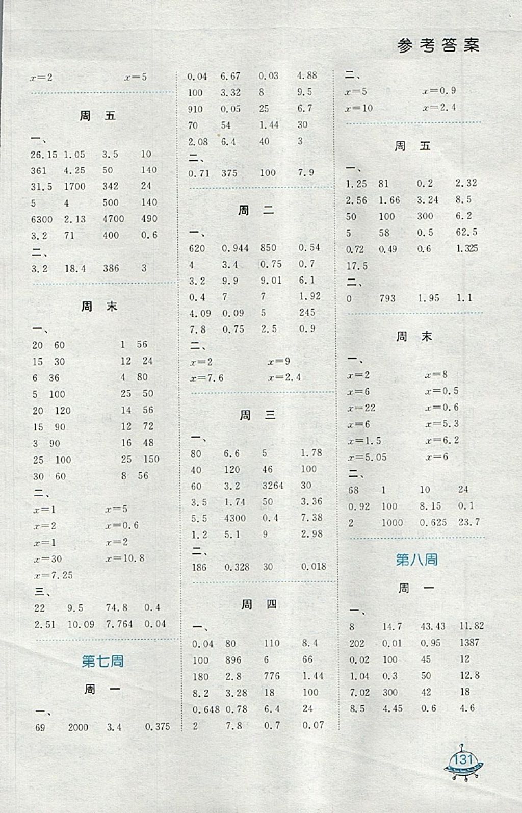 2018年計(jì)算天天練五年級下冊蘇教版 參考答案第4頁