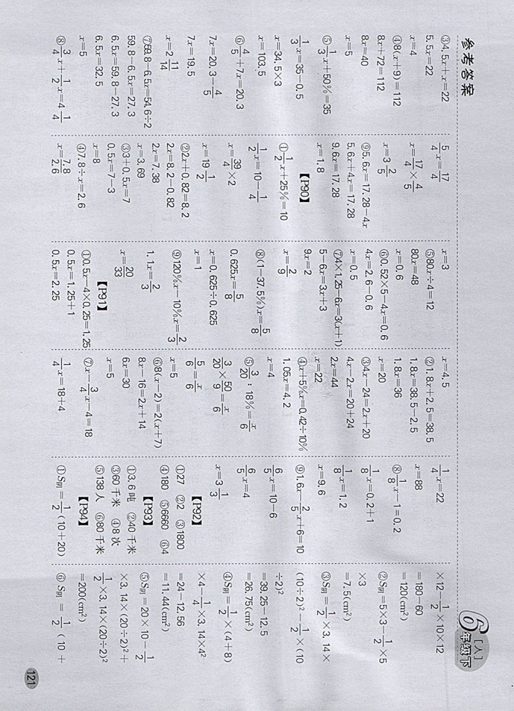 2018年同步口算題卡六年級(jí)下冊(cè)人教版 參考答案第15頁