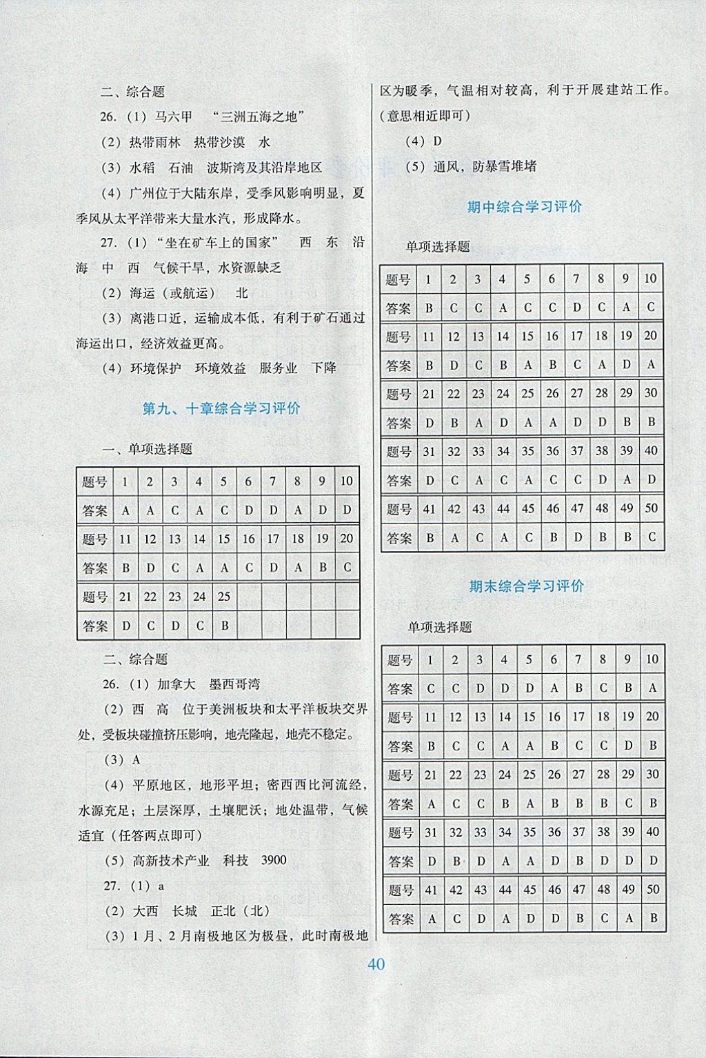 2018年南方新課堂金牌學(xué)案七年級(jí)地理下冊(cè)人教版 綜合學(xué)習(xí)評(píng)價(jià)答案第2頁