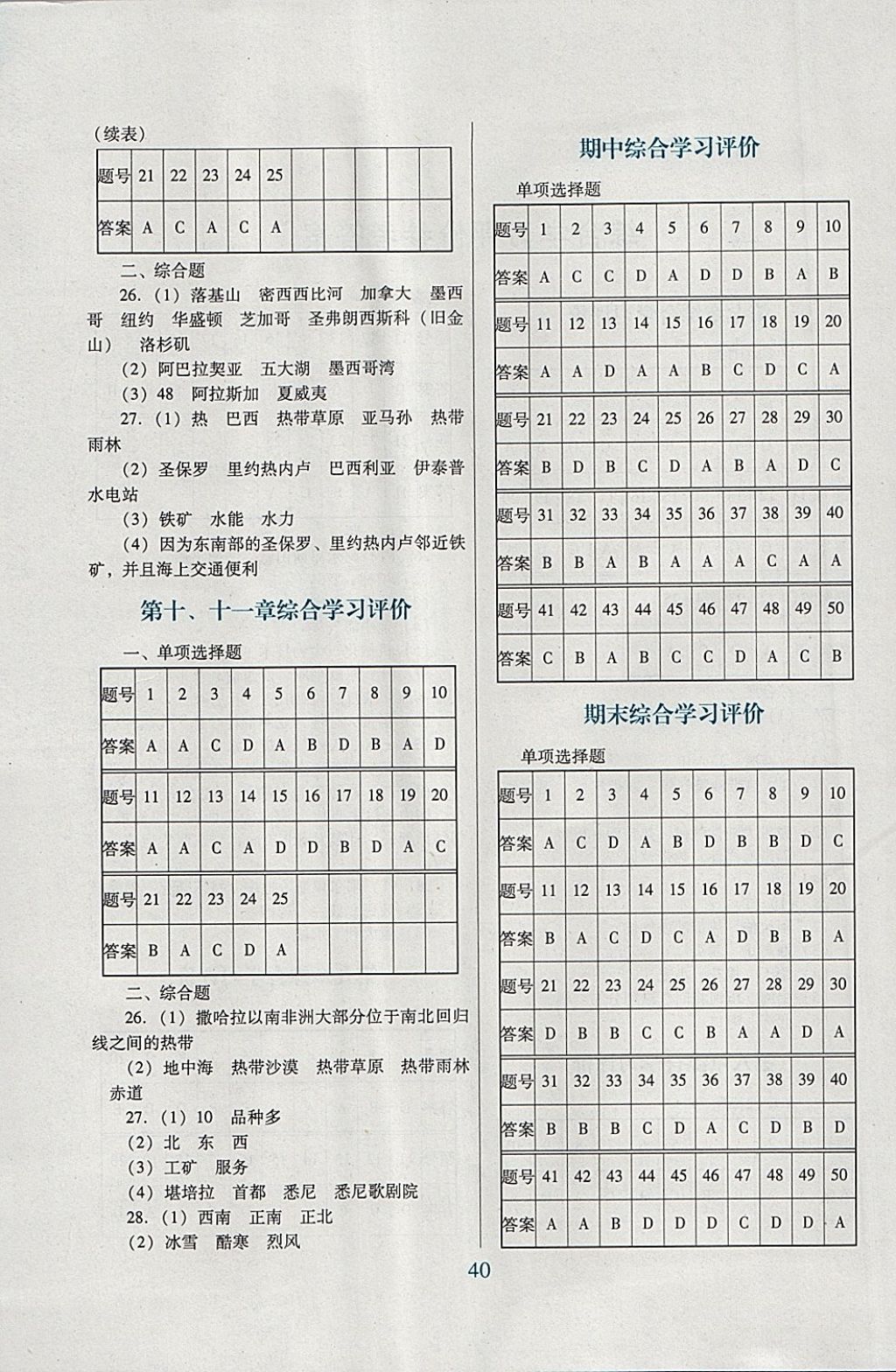 2018年南方新課堂金牌學(xué)案七年級地理下冊粵人民版 綜合學(xué)習(xí)評價(jià)答案第2頁