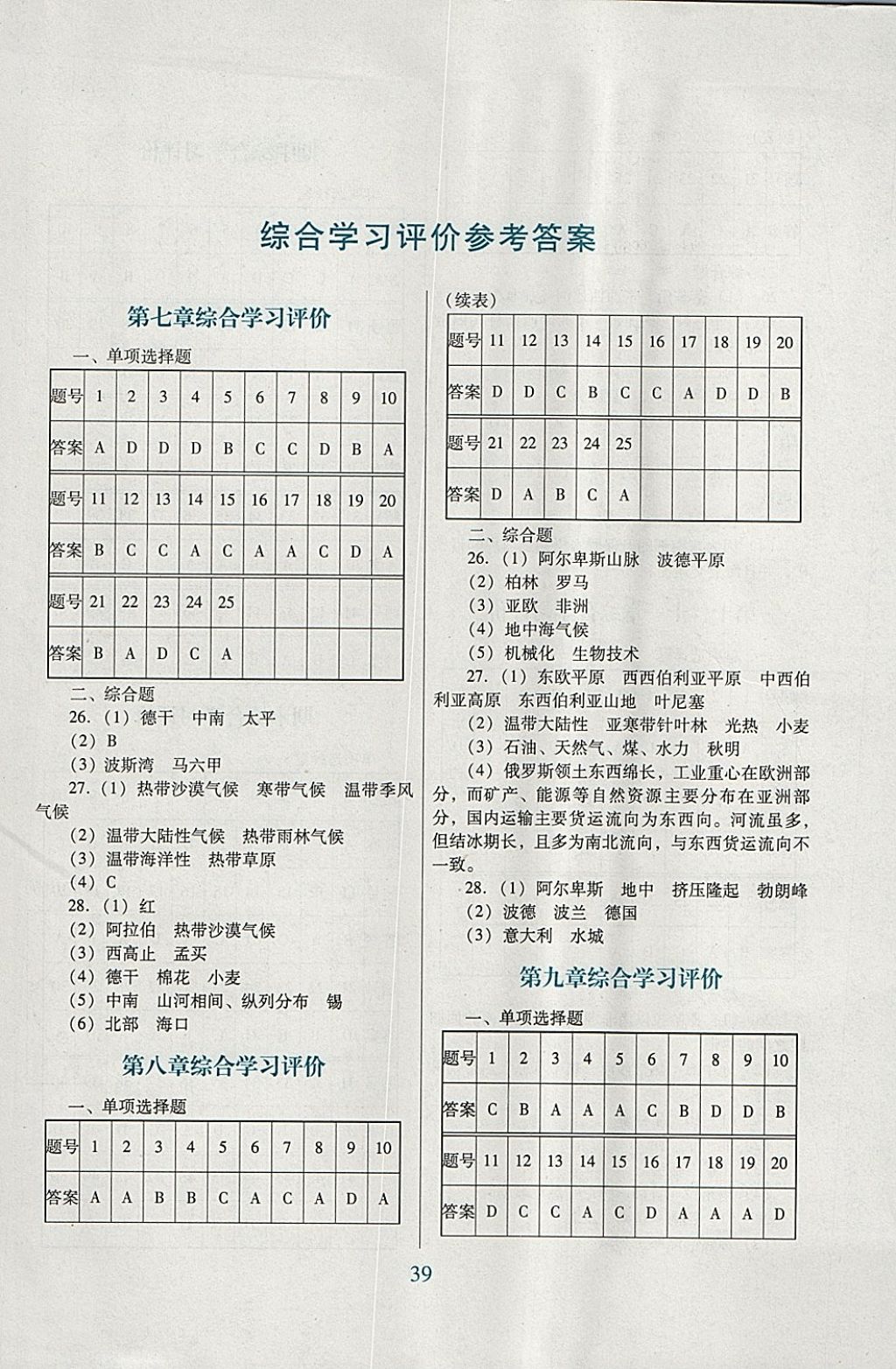 2018年南方新課堂金牌學(xué)案七年級地理下冊粵人民版 綜合學(xué)習(xí)評價答案第1頁