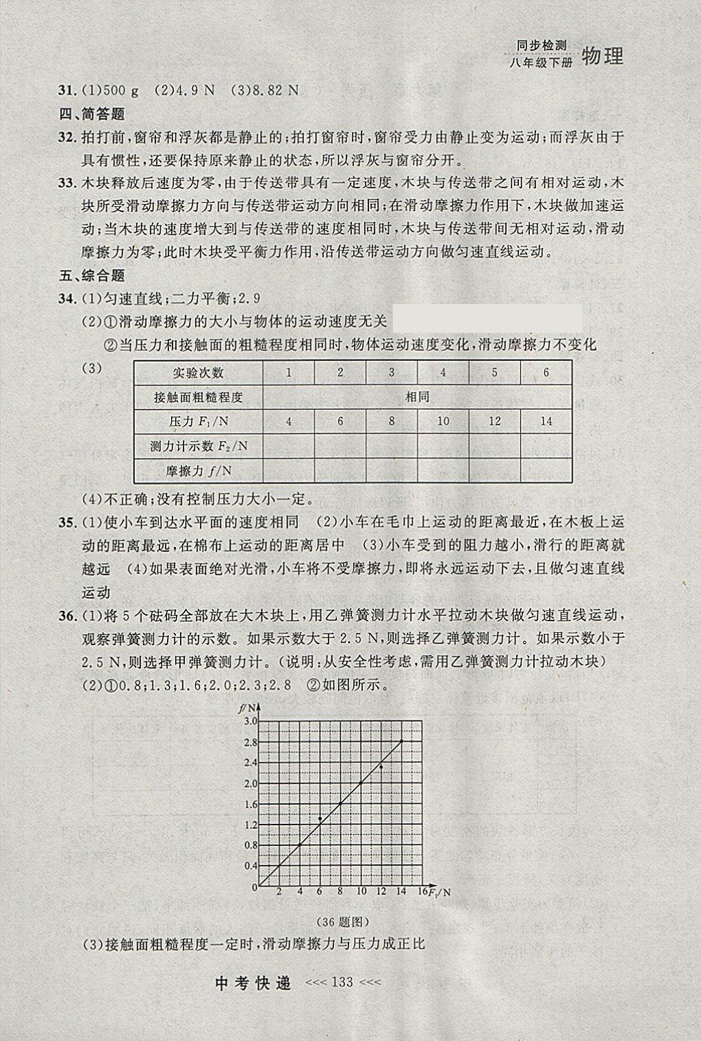 2018年中考快递同步检测八年级物理下册人教版大连专用 参考答案第21页