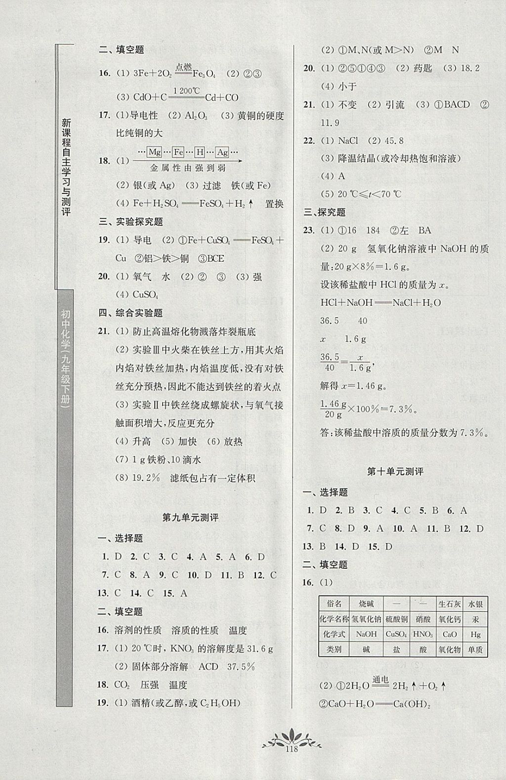 2018年新课程自主学习与测评初中化学九年级下册人教版 参考答案第10页