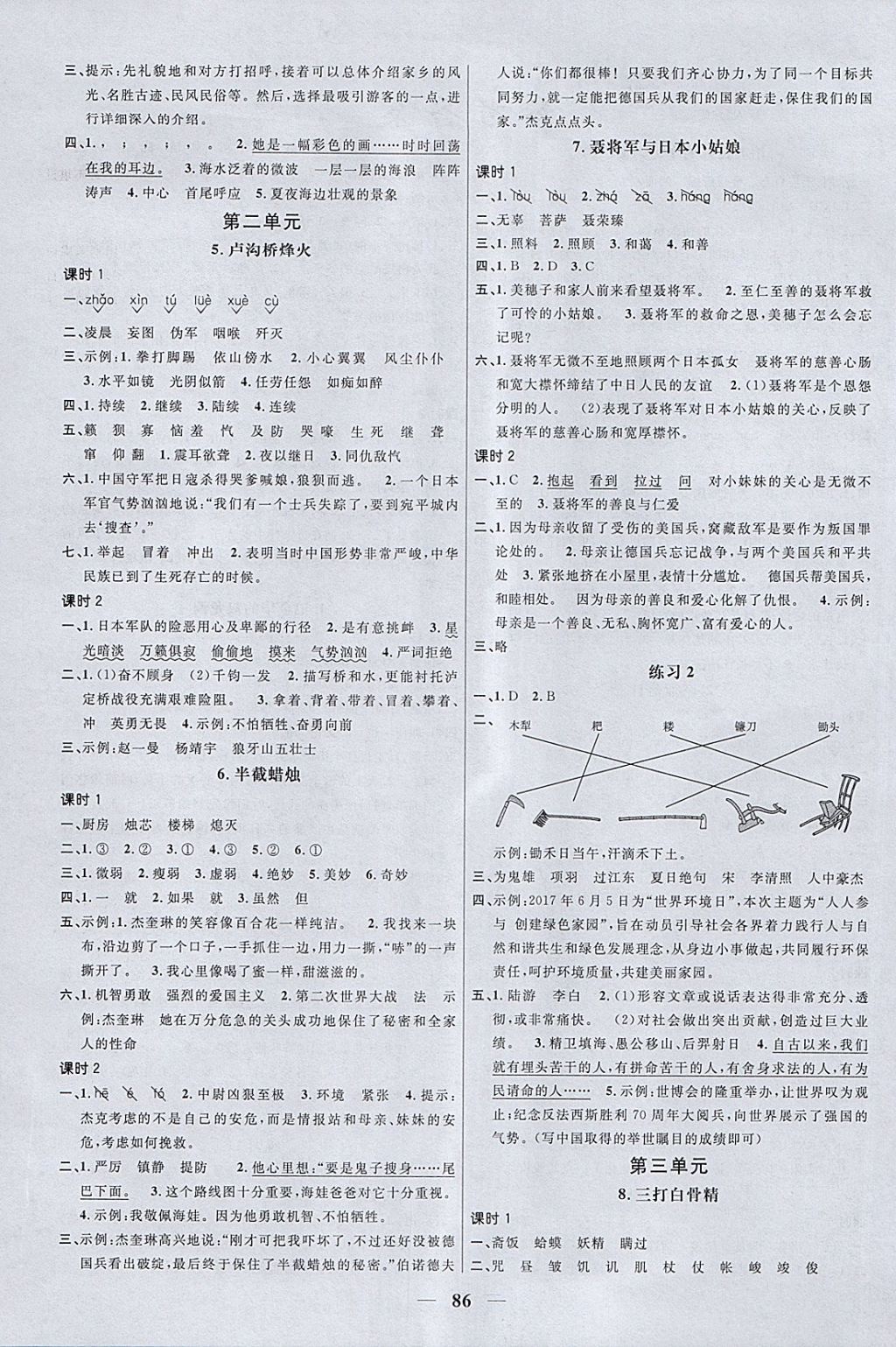 2018年阳光同学课时优化作业六年级语文下册苏教版 参考答案第2页