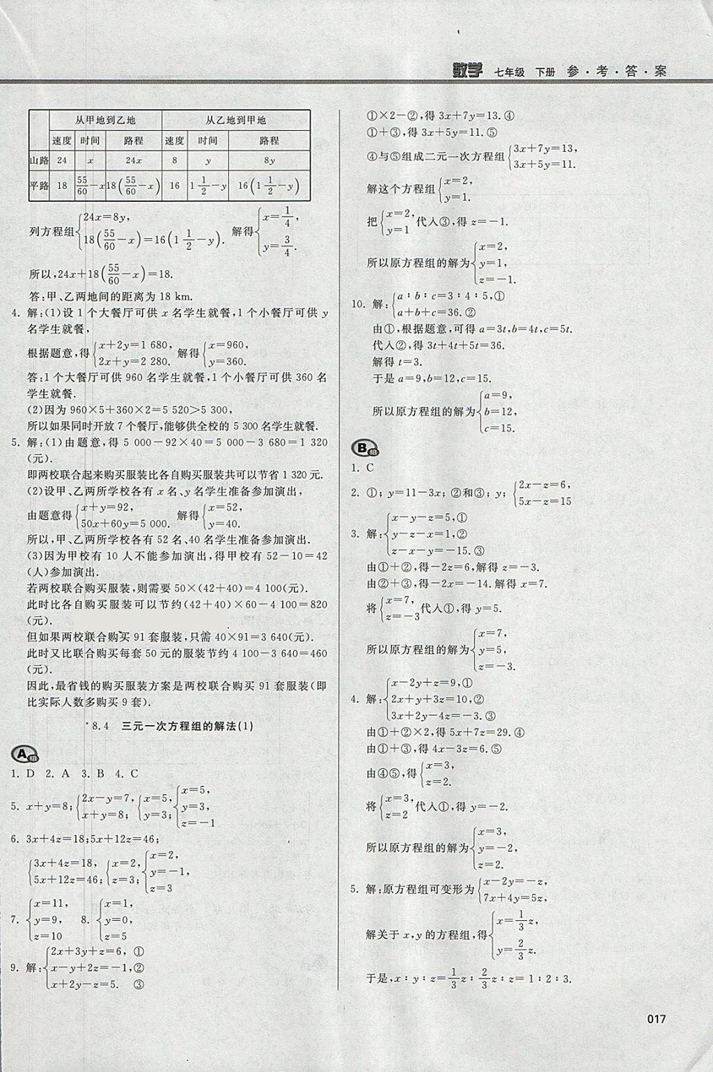 2018年学习质量监测七年级数学下册人教版 参考答案第17页