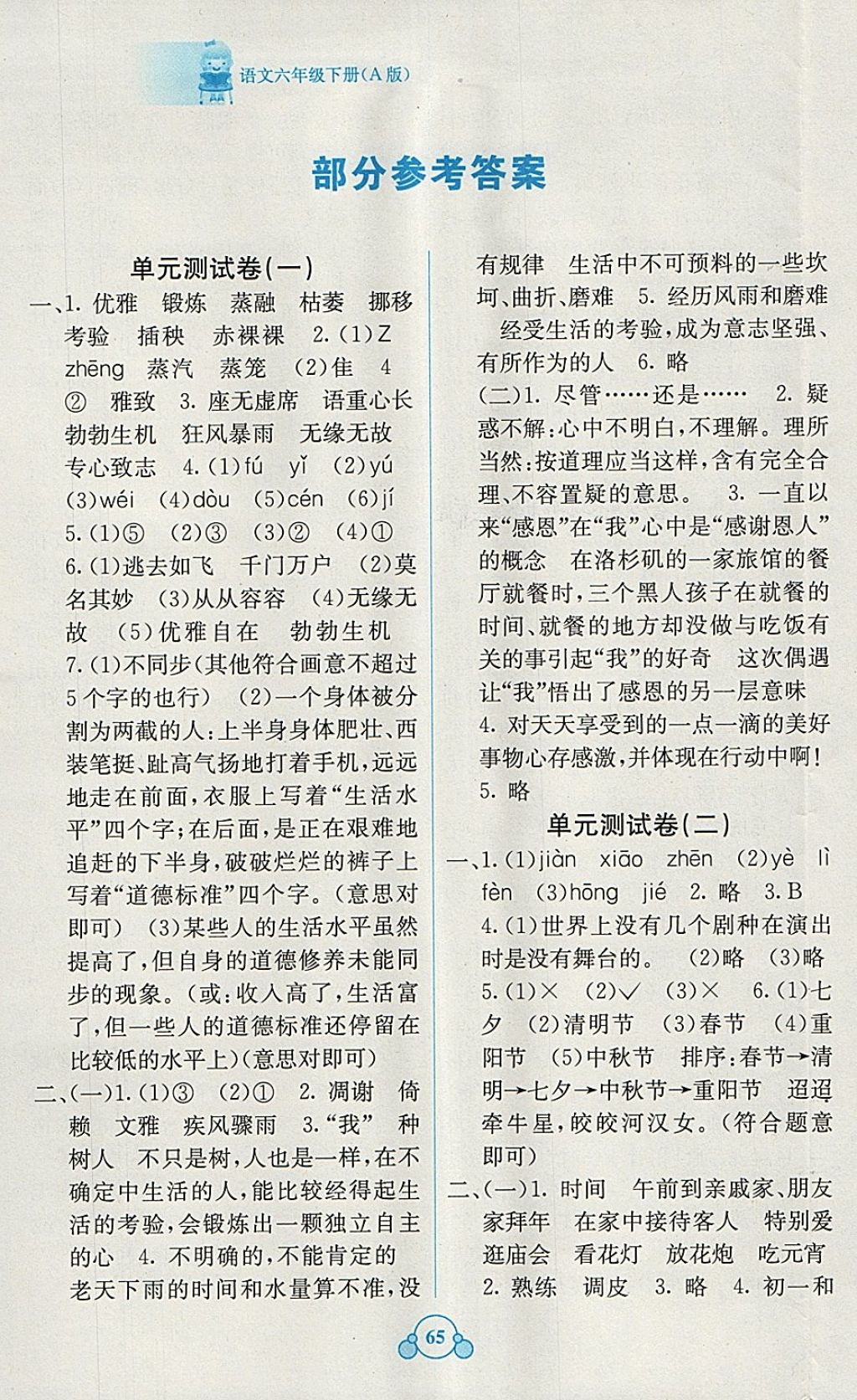 2018年自主学习能力测评单元测试六年级语文下册A版 参考答案第1页