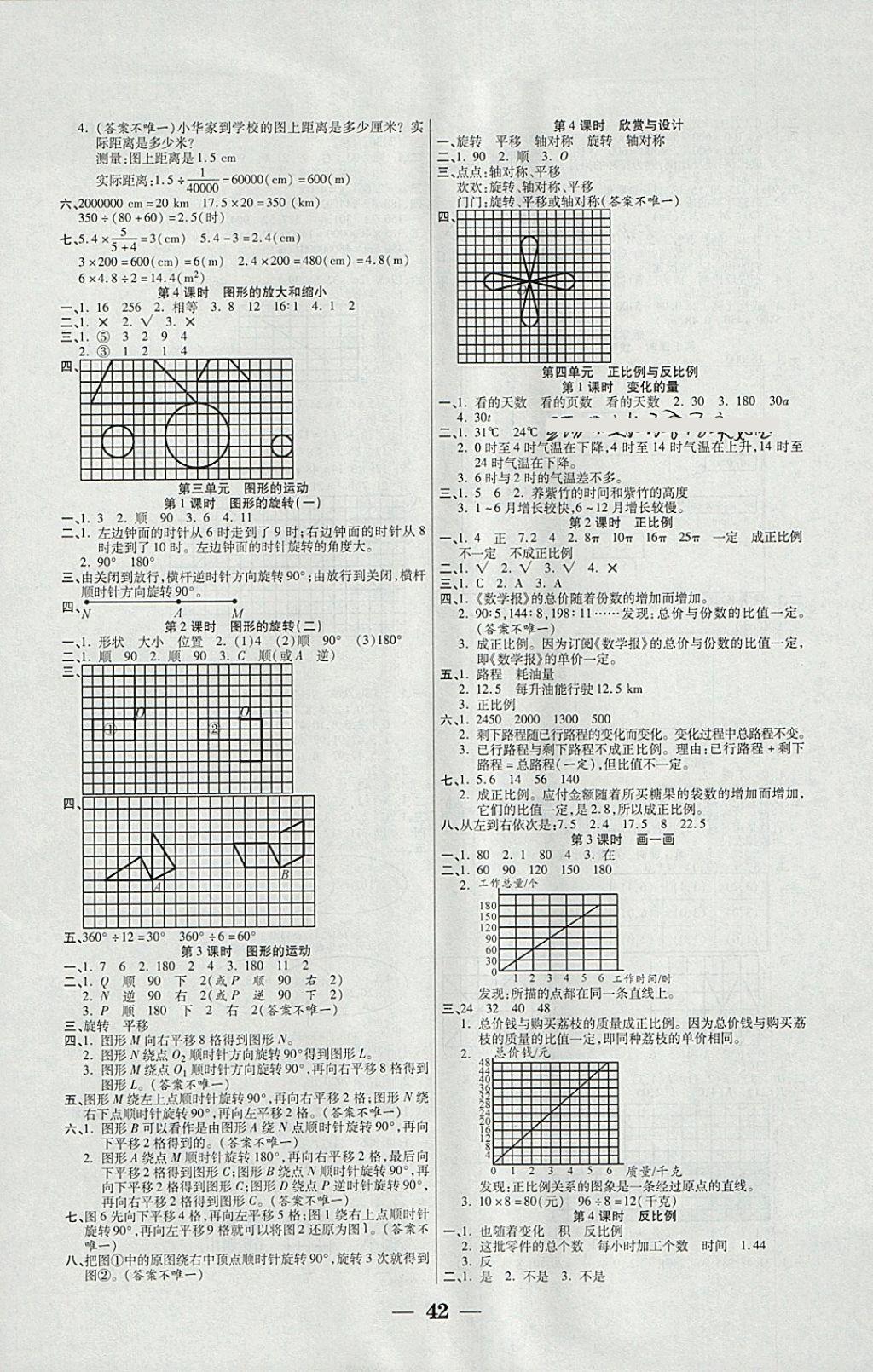 2018年世纪百通主体课堂小学课时同步练习六年级数学下册北师大版 参考答案第2页