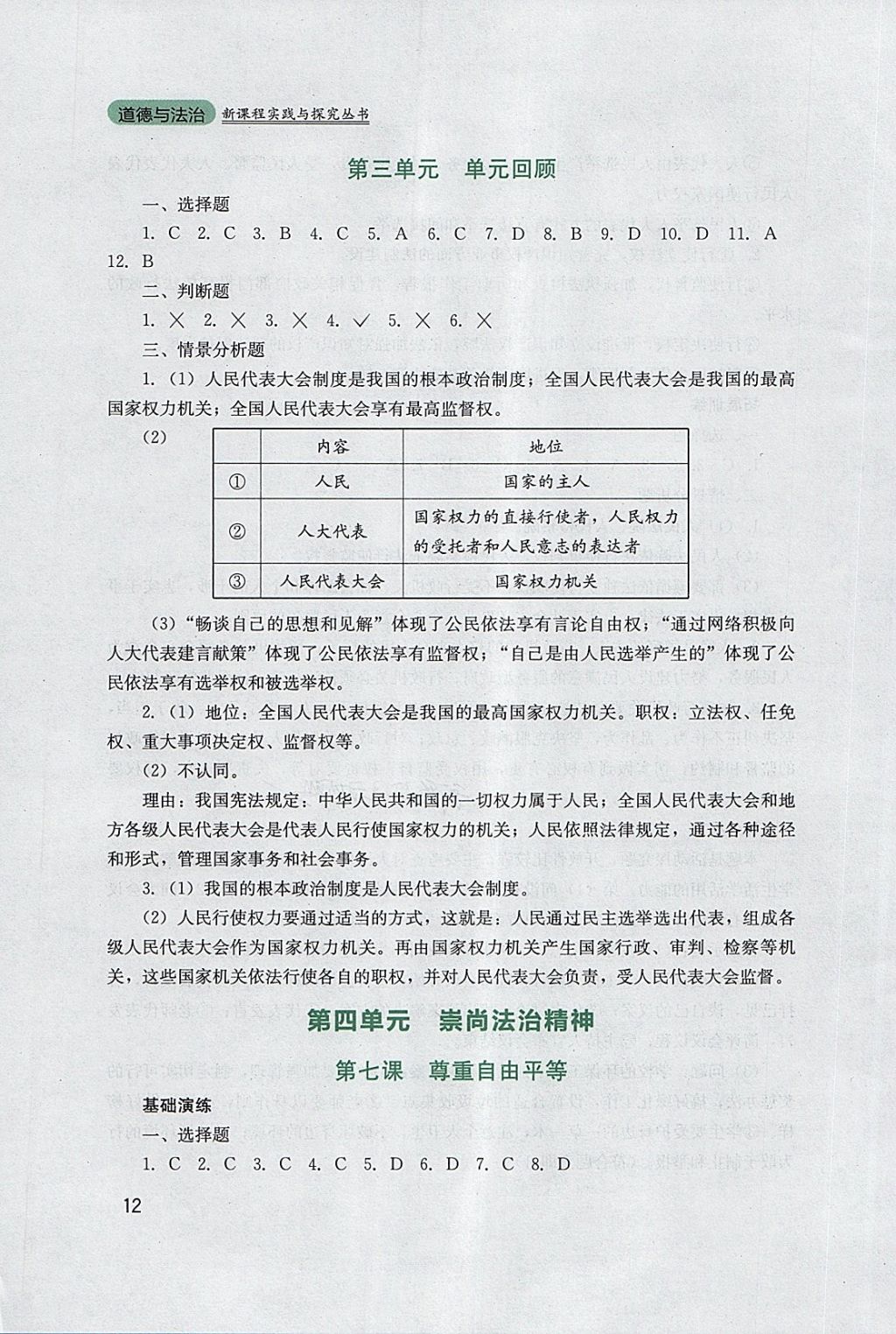 2018年新课程实践与探究丛书八年级道德与法治下册人教版 参考答案第12页