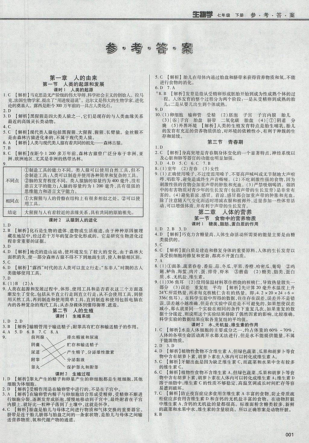 2018年學(xué)習(xí)質(zhì)量監(jiān)測七年級生物學(xué)下冊人教版 參考答案第1頁