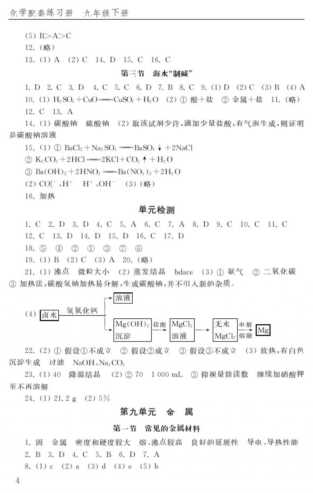 2018年化學(xué)配套練習(xí)冊(cè)九年級(jí)下冊(cè)魯教版山東教育出版社 參考答案第4頁(yè)