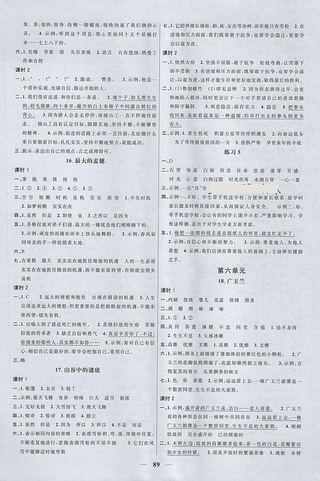 2018年阳光同学课时优化作业六年级语文下册苏教版 参考答案第5页