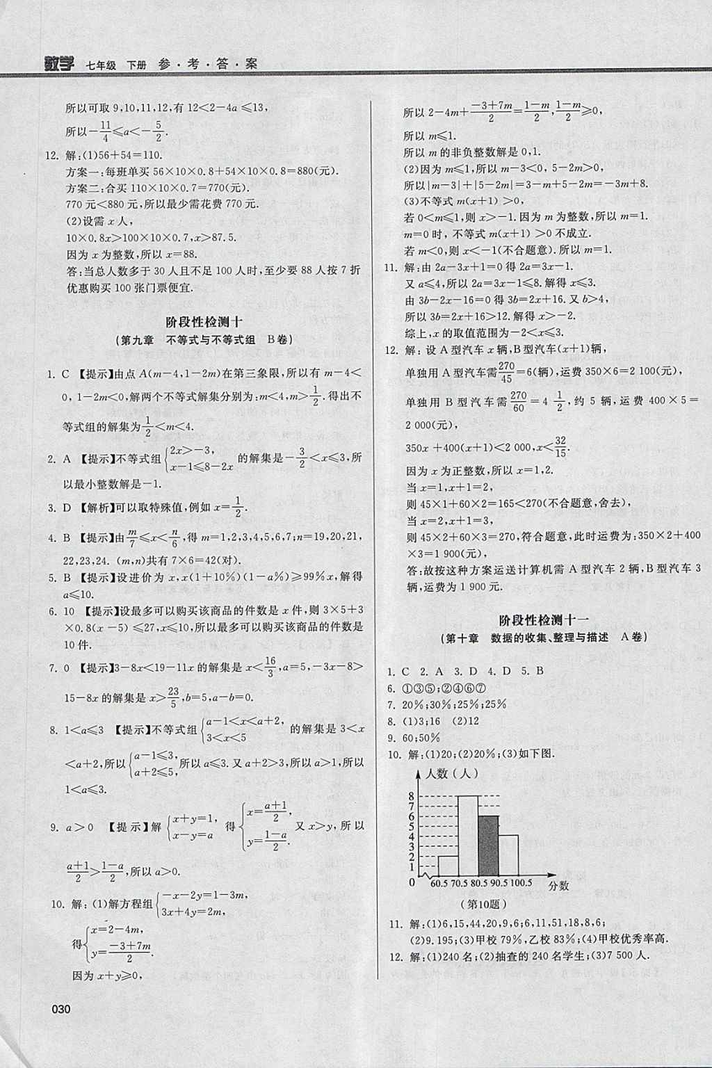 2018年学习质量监测七年级数学下册人教版 参考答案第30页