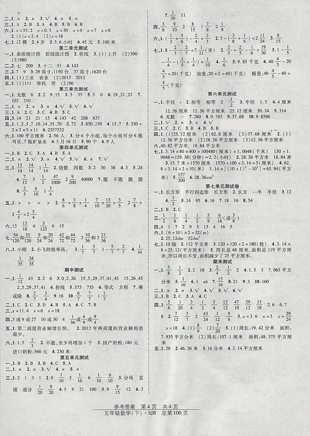 2018年陽光訓(xùn)練課時(shí)作業(yè)五年級(jí)數(shù)學(xué)下冊蘇教版 參考答案第4頁