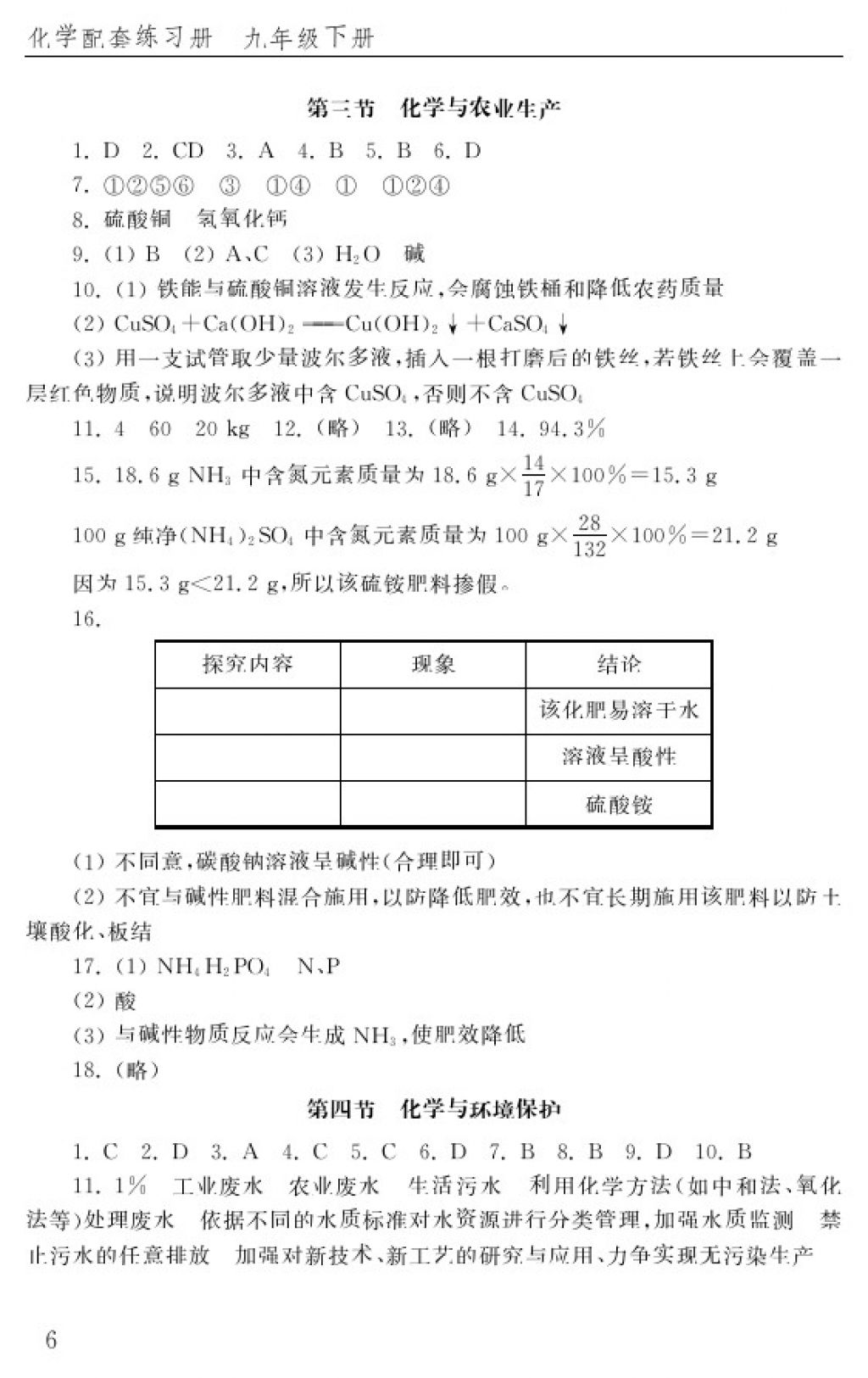 2018年化學(xué)配套練習(xí)冊(cè)九年級(jí)下冊(cè)五四制山東教育出版社 參考答案第6頁(yè)