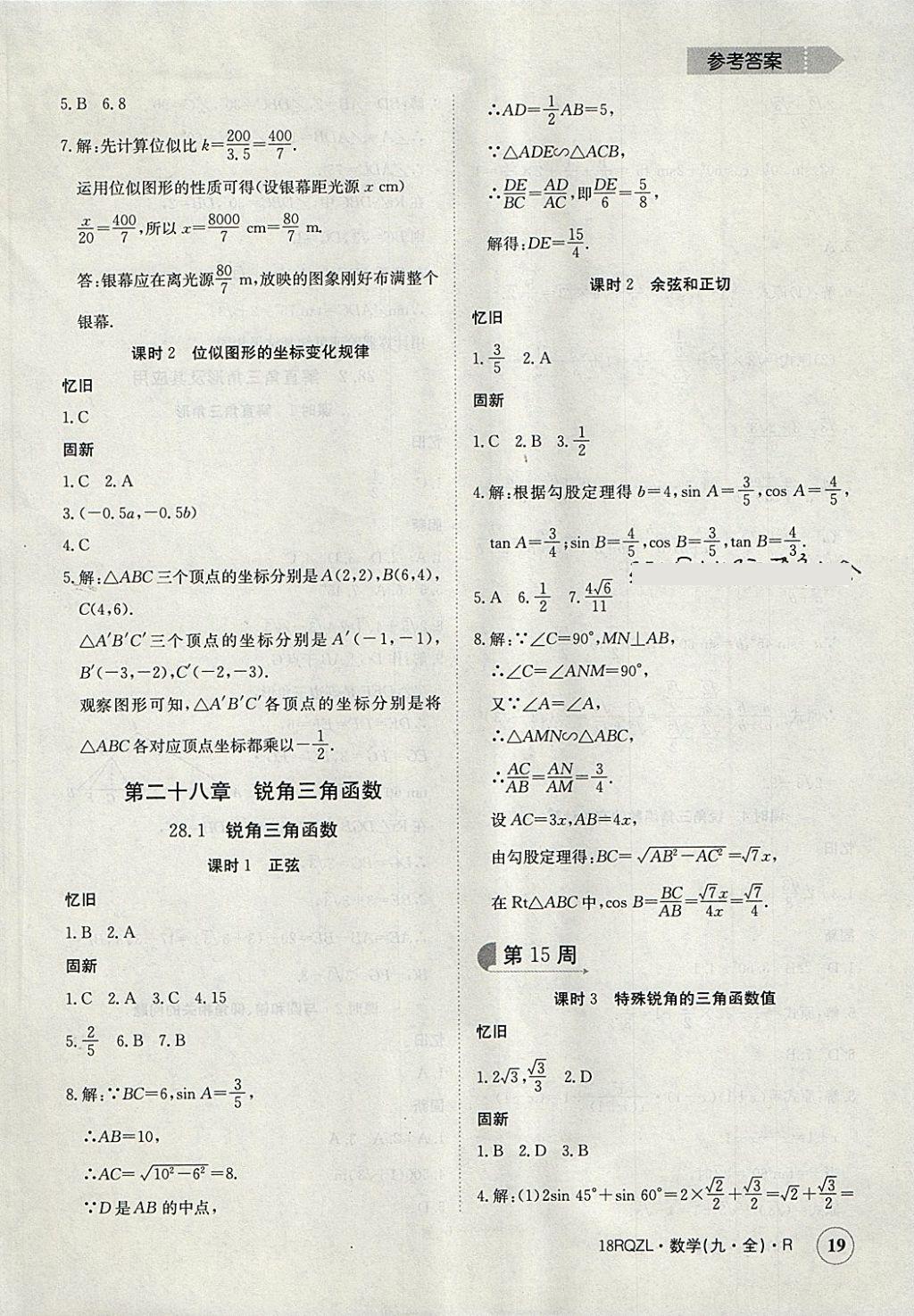 2017年日清周練限時提升卷九年級數(shù)學全一冊人教版 參考答案第19頁