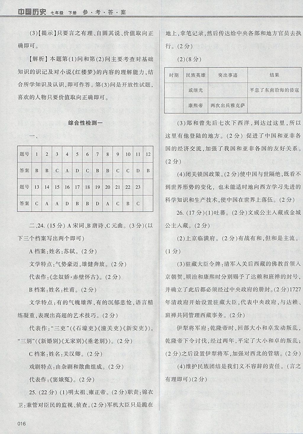 2018年學(xué)習(xí)質(zhì)量監(jiān)測七年級中國歷史下冊人教版 參考答案第16頁