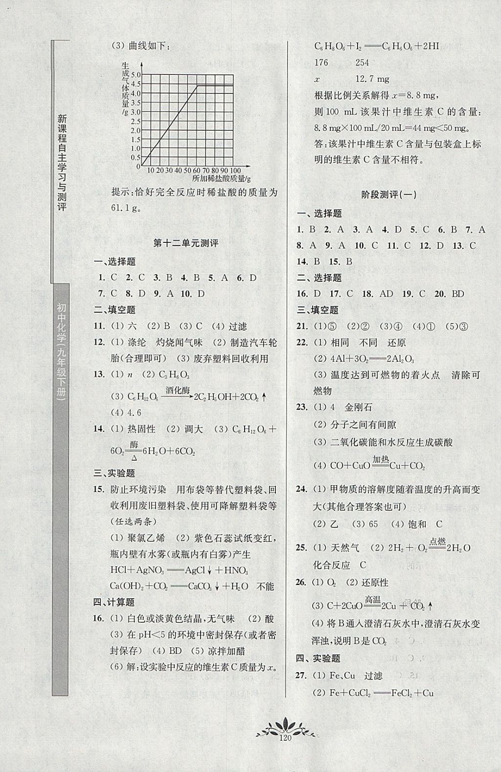 2018年新课程自主学习与测评初中化学九年级下册人教版 参考答案第12页