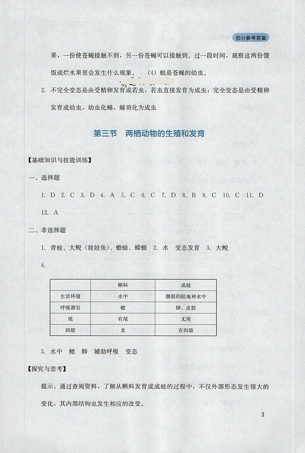 2018年新课程实践与探究丛书八年级生物下册人教版 参考答案第3页