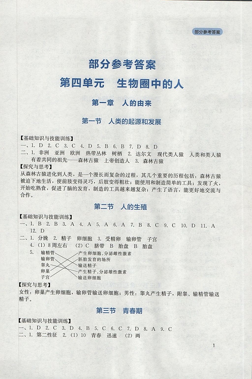 2018年新课程实践与探究丛书七年级生物下册人教版 参考答案第1页