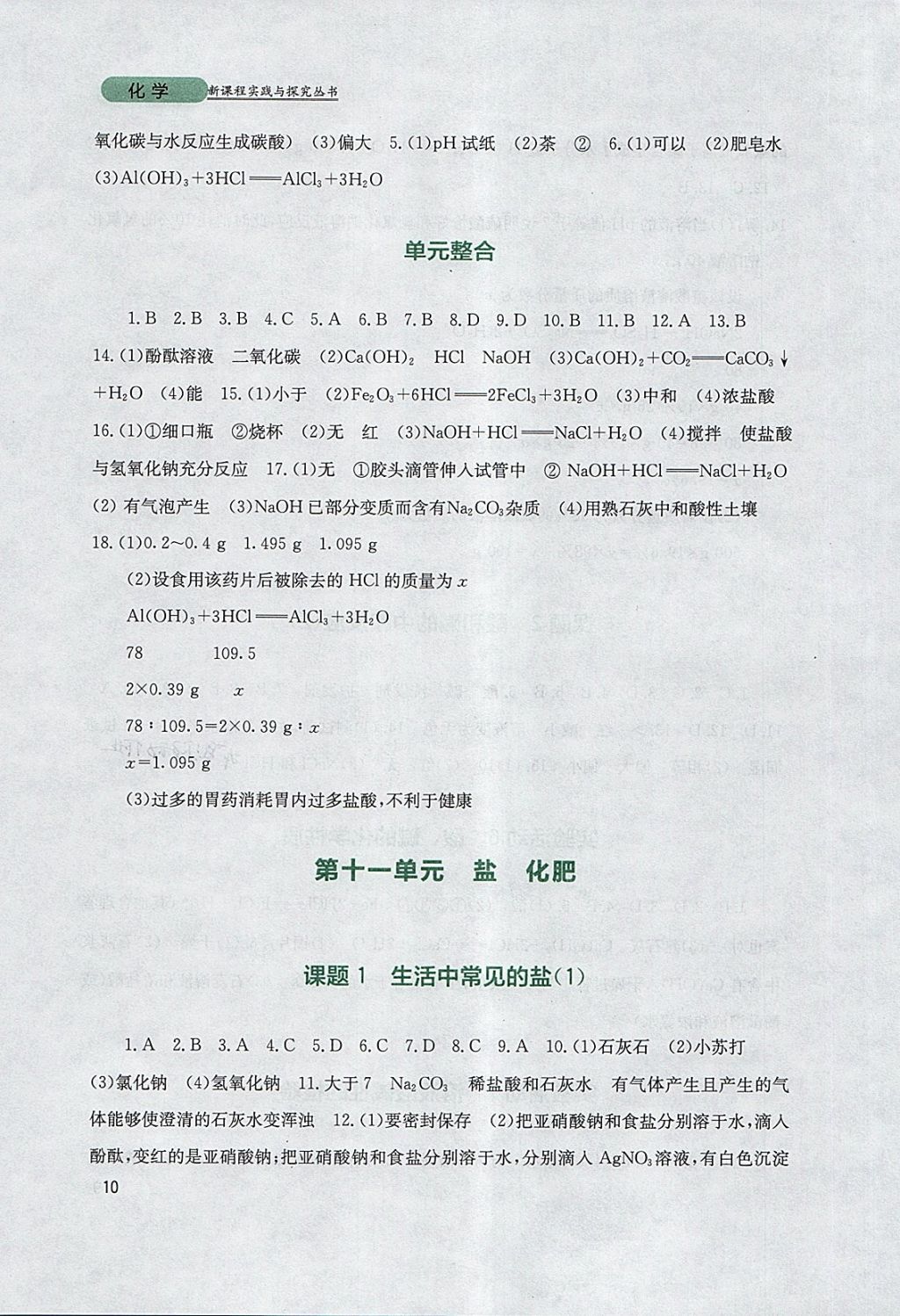 2018年新课程实践与探究丛书九年级化学下册人教版 参考答案第10页