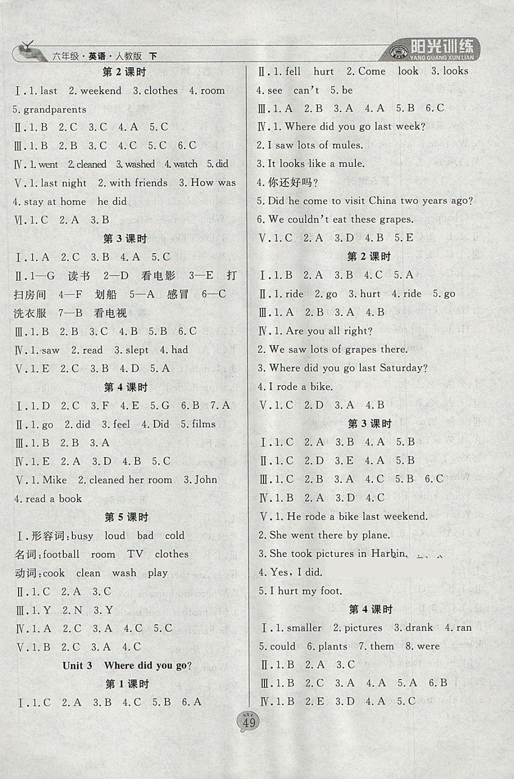 2018年陽光訓(xùn)練課時作業(yè)六年級英語下冊人教PEP版 參考答案第5頁