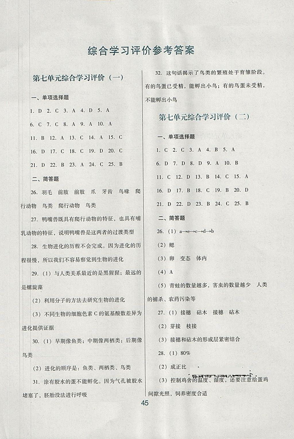 2018年南方新课堂金牌学案八年级生物学下册人教版 综合学习评价答案第1页