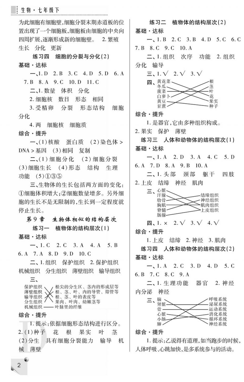 2018年课堂练习册七年级生物下册D版 参考答案第2页